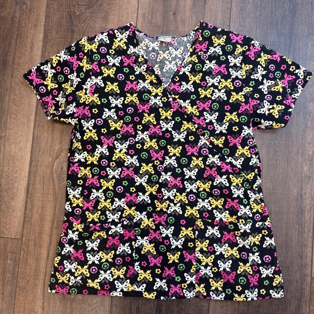 Butterfly Floral Scrub Top Small Uniform Destination Cotton Multicolor Pockets